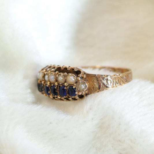 Victorian 15ct Gold Sapphire & Pearl Ring.
