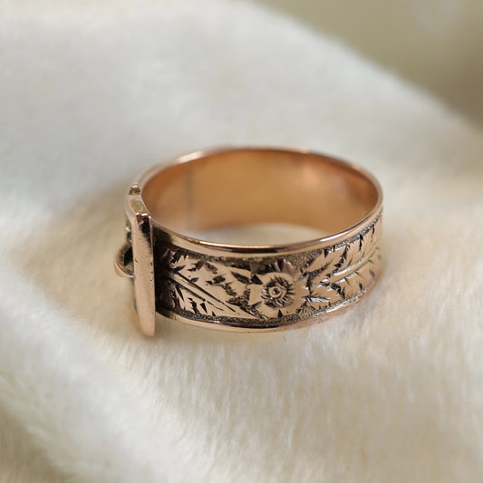Antique 9ct Gold Buckle Ring - Beautiful Floral Engraving