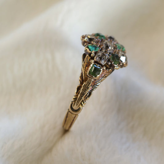 Early Victorian Emerald & Diamond Floral Cluster Ring - Forget Me Not Style.