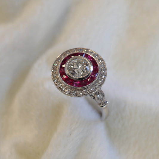 Art Deco Platinum Ruby & Diamond Target Ring - Vintage Inspired