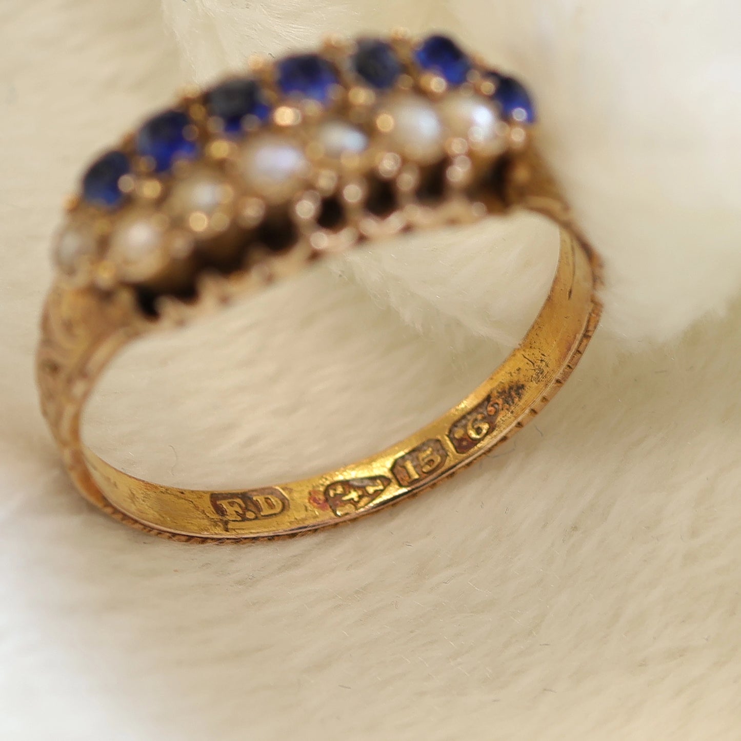 Victorian 15ct Gold Sapphire & Pearl Ring.