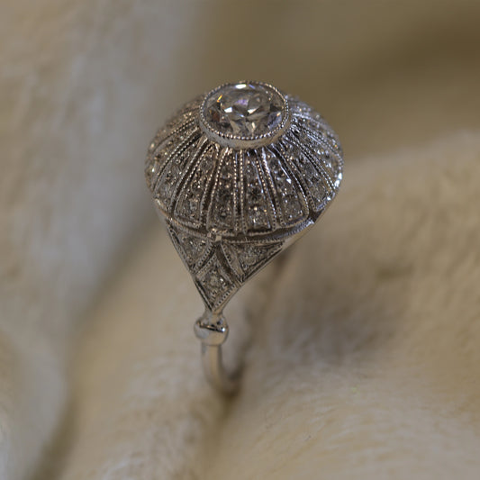 Art Deco Platinum Diamond Ring - Vintage Bombe Ring