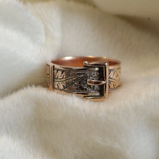 Antique 9ct Gold Buckle Ring - Beautiful Floral Engraving