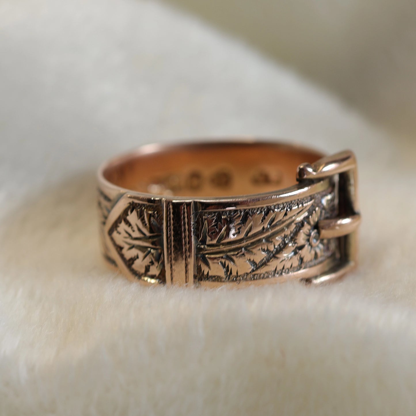 Antique 9ct Gold Buckle Ring - Beautiful Floral Engraving