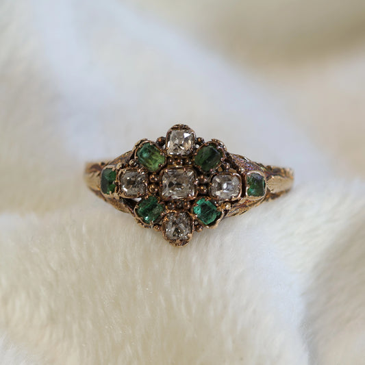 Early Victorian Emerald & Diamond Floral Cluster Ring - Forget Me Not Style.