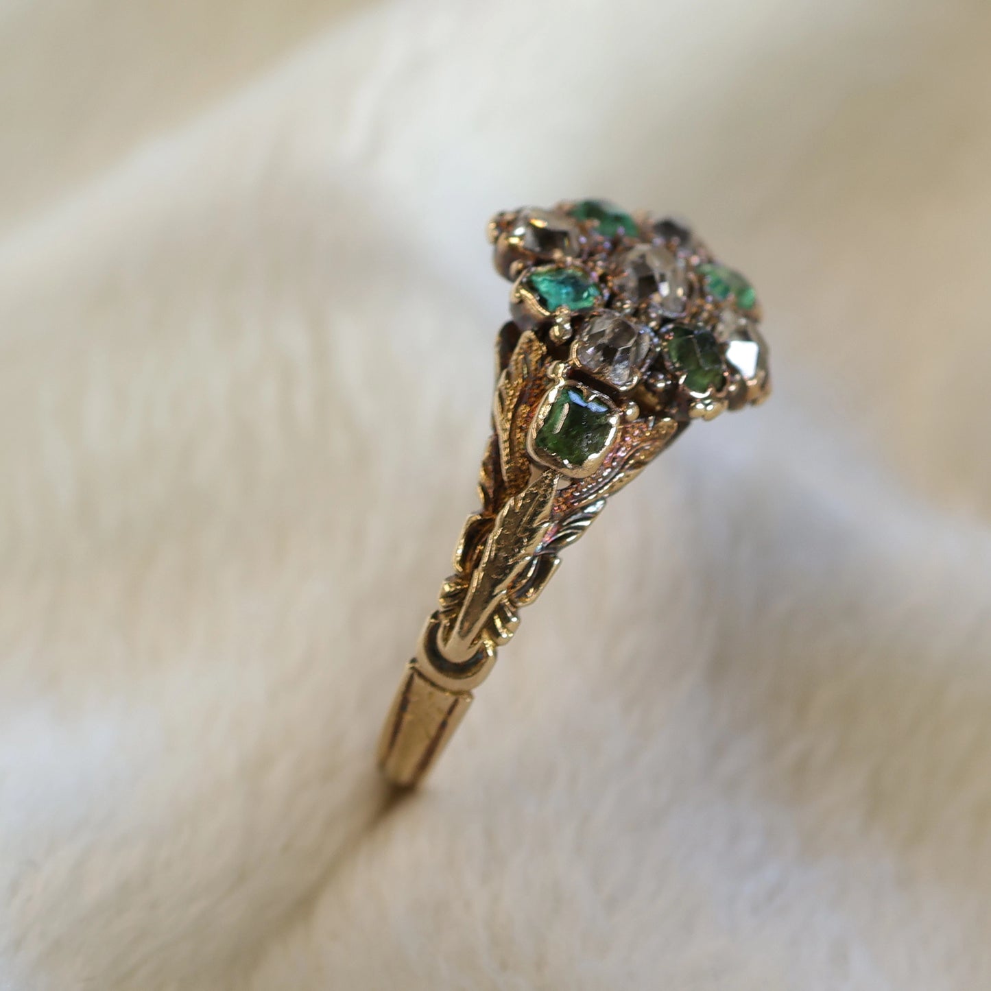 Early Victorian Emerald & Diamond Floral Cluster Ring - Forget Me Not Style.