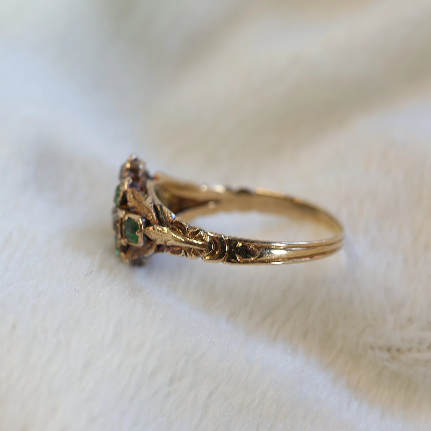 Early Victorian Emerald & Diamond Floral Cluster Ring - Forget Me Not Style.