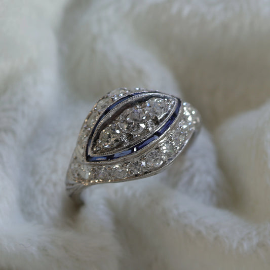 Art Deco Platinum Diamond & Sapphire Navette Ring
