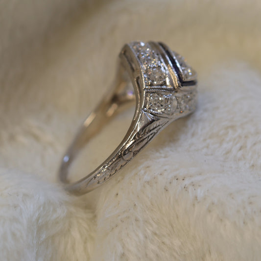 Art Deco Platinum Diamond & Sapphire Navette Ring