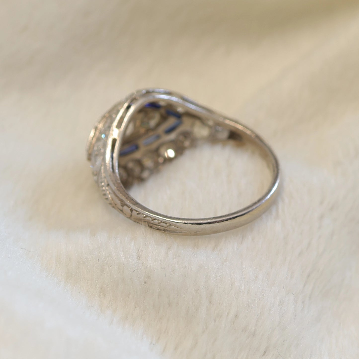 Art Deco Platinum Diamond & Sapphire Navette Ring