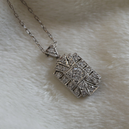 Art Deco Platinum Diamond Pendant & Chain.