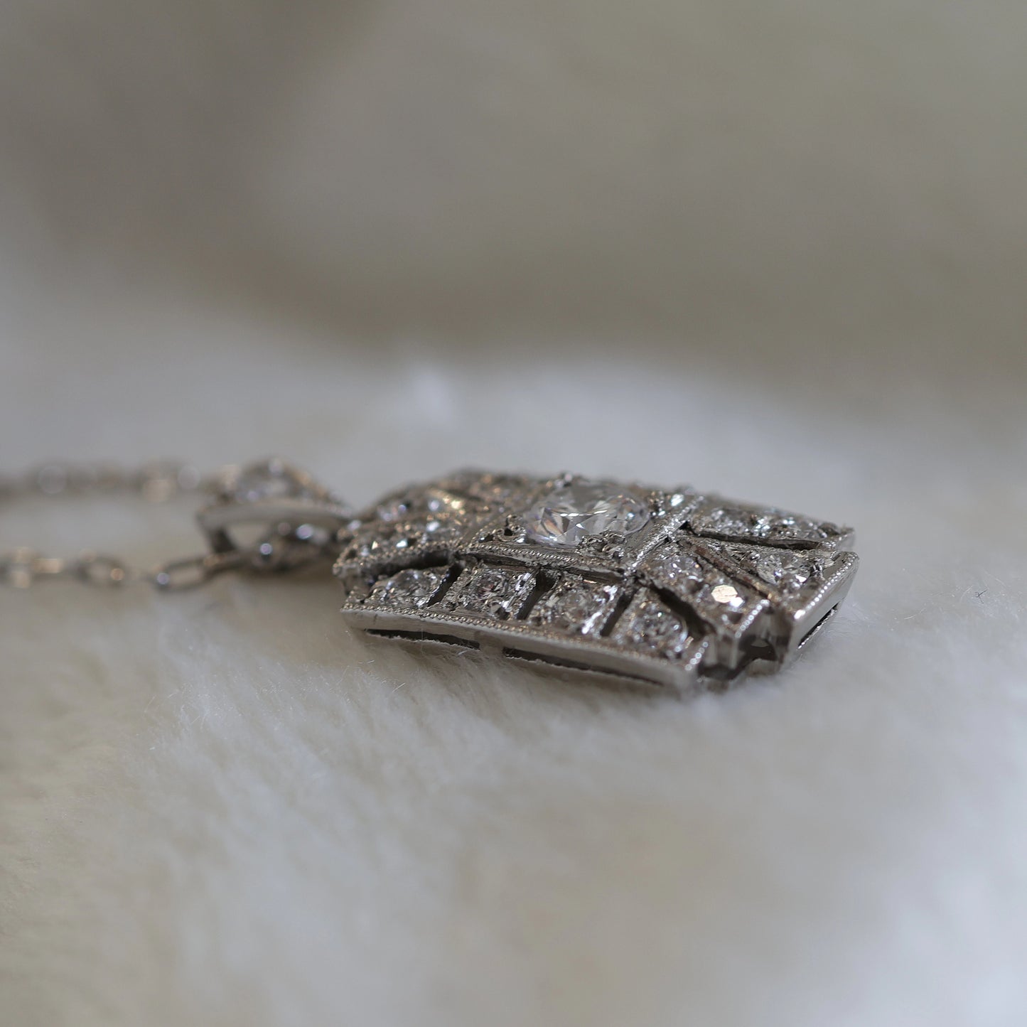 Art Deco Platinum Diamond Pendant & Chain.