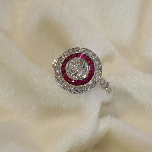 Art Deco Platinum Ruby & Diamond Target Ring - Vintage Inspired