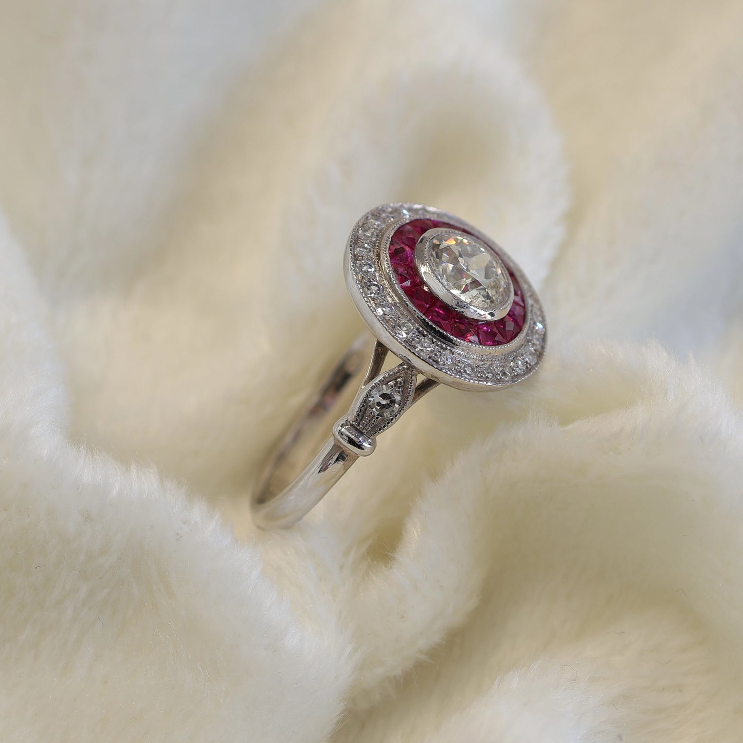 Art Deco Platinum Ruby & Diamond Target Ring - Vintage Inspired