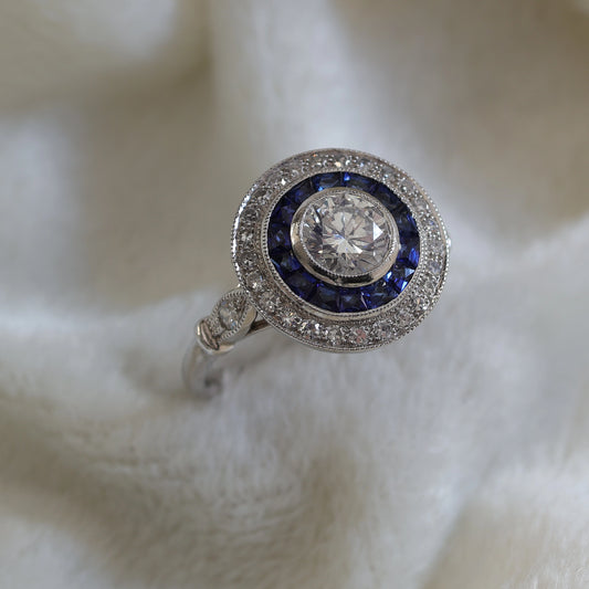 Art Deco Styled Platinum & Sapphire Target Ring.