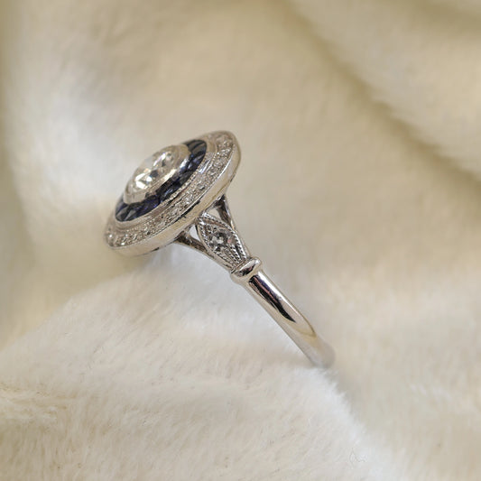 Art Deco Styled Platinum & Sapphire Target Ring.